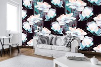 Флизелиновые фотообои 416x290 см Белые цветы на черном фоне с синими мазками (10031VEXXXXL) +клей