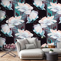 Флизелиновые фотообои розы 312x219 см Белые цветы на черном фоне с синими мазками (10031VEXXL) +клей