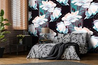 Флизелиновые фотообои розы на стену 416x254 см Белые цветы на черном фоне с синими мазками (10031VEXXXL) +клей