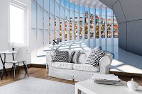 Флизелиновые фотообои с перспективой в интерьере 3д коридор Тоннель с большим окном с видом на город (10035V)+клей - вид 5 миниатюра