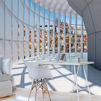 Флизелиновые фотообои с перспективой в интерьере 3д коридор Тоннель с большим окном с видом на город (10035V)+клей - вид 7 миниатюра