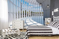 Флизелиновые фотообои Франция 3д коридор 254x184 см Тоннель с большим окном с видом на город Париж (10037V4)+клей