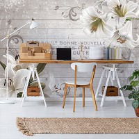 Флизелиновые фотообои винтаж орнаменты Белые лилии на деревянных досках (10050V)+клей