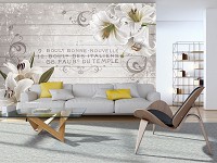 Флизелиновые фотообои винтаж орнаменты 254x184 см Белые лилии на деревянных досках (10050V4)+клей