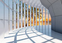 Флизелиновые фотообои закат 3д коридор 312x219 см Тоннель с большим окном с видом на морской пляж (10053VEXXL)+клей - вид 1 миниатюра