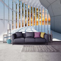 Флизелиновые фотообои закат 3д коридор 312x219 см Тоннель с большим окном с видом на морской пляж (10053VEXXL)+клей - вид 5 миниатюра