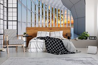 Флизелиновые фотообои закат 3д коридор 312x219 см Тоннель с большим окном с видом на морской пляж (10053VEXXL)+клей