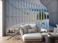 Триде флизелиновые фотообои 3д коридор 312x219 см Тоннель с большим окном с видом на пляж (10055VEXXL)+клей