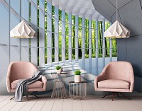 Флизелиновые 3д фотообои с перспективой в интерьере 416x254 см Вид из окна на зеленый лес (10057VEXXXL) +клей