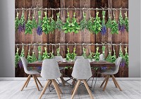 Флізелінові фотошпалери з малюнком під дерево на кухню Пряні трави на темних дошках (10060V)+клей