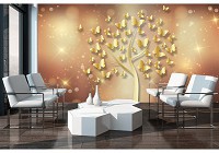 Флизелиновые фотообои в интерьере 368x254 см Золотое дерево на разноцветном фоне (10061V8) +клей