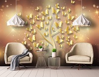 Флизелиновые фотообои с бабочками фото 312x219 см Золотое дерево на разноцветном фоне (10061VEXXL) +клей