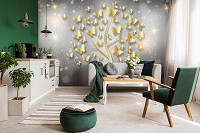 Флизелиновые 3д фотообои Дерево и Золотые Бабочки на сером фоне (10062V)+клей