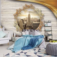 Флизелиновые фотообои 368x254 см Нью-Йорк в круглом окне на досках (10067V8) +клей