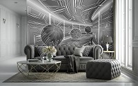 Абстрактные флизелиновые 3д фотообои на стену 416x254 см Модерный туннель в сером цвете с шарами (10079VEXXXL) +клей