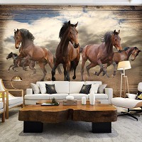 Флизелиновые фото обои 3Д Животные 368x254 см Лошади скачут галопом на деревянных досках (10083V8)+клей