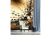 Флизелиновые фотообои спальня 184x254 см 3Д Цветы Одуванчики и капли росы на коричневом фоне (1008V4A)+клей