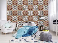 Повторяющийся узор на флизелиновых фото обоях восточный орнамент Белая и красная мозаика под плитку (10102V)+клей