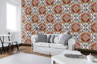 Красивые флизелиновые фотообои абстракция орнамент 254x184 см Белая и красная мозаика под плитку (10102V4)+клей