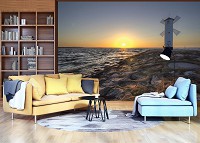 Флизелиновые 3д фотообои природа пейзаж 254x184 см Ландшафт Ветряная Мельница Море Солнце (10110V4)+клей