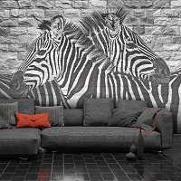 Флизелиновые черно-белые фотообои звери 312x219 см Две зебры на кирпичной стене (10113VEXXL)+клей