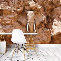 Флизелиновые 3д фотообои в интерьере животные 416x290 см Слон высеченный в скалах под солнцем (10114VEXXXXL) +клей