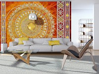 Абстрактні флізелінові фотошпалери на стіні східний стиль 312x219 см Золота мандала в червоному з візерунками (10119VEXXL) +клей