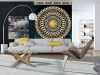 Флизелиновые фотообои в восточном стиле 184x254 см мандала с золотым и зеленым орнаментом (10121V4A)+клей