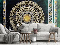 Абстракция флизелиновые фотообои восточный стиль 460x300 см Золотая мандала в изумруде с узорами (10121V12) +клей