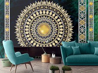 Флизелиновые фотообои абстракция на стену восточный стиль 368x254 см Золотая мандала в изумруде с узорами (10121V8) +клей