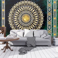 Флизелиновые фотообои восточный стиль 416x254 см Золотая мандала в изумруде с узорами (10121VEXXXL) +клей