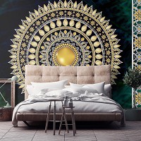 Флизелиновые фотообои восточный стиль 416x290 см Золотая мандала в изумруде с узорами (10121VEXXXXL) +клей