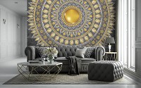 Флизелиновые фотообои на стену 254x184 см Мандала с золотым и серым индийским орнаментом (10122V4)+клей