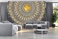 Флизелиновые фотообои на кухню восточный узор 368x254 см Золотая мандала на сером фоне (10122V8) +клей