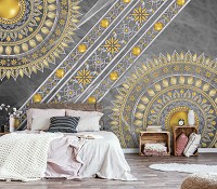 Флизелиновые фотообои восточный стиль 368x280 см Золотая мандала на сером фоне с узорами (10123V10) +клей