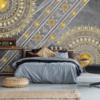 Флізелінові фотошпалери східний стиль 312x219 см Золотий мандали на сірий фон з візерунками (10123VEXXL) +клей