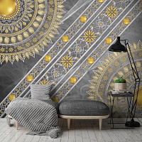 Флізелінові фотошпалери абстракції на стіні Мандали з сірим та золотим індійським орнаментом (10123V)+клей