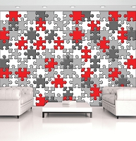 Яркие флизелиновые фотообои в детскую комнату 416x290 см Черно-белые пазлы с вкраплениями красного (10128VEXXXXL) +клей - вид 5 миниатюра
