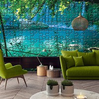 Флизелиновые фотообои Ландшафт Природа 254x184 см Бирюзовое озеро и водопад пазлы (10131V4)+клей