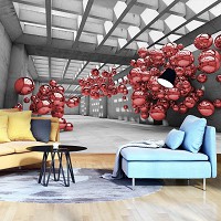 Флизелиновые современные фотообои 3d абстракция 254x184 см Серая комната с красными шарами (10135V4)+клей
