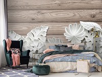 Флизелиновые 3д фотообои листья дерево текстура 368x280 см Алебастровые цветы на досках (10136V10) +клей