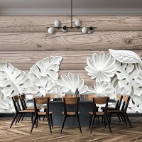 Флизелиновые 3д фотообои листья 460x300 см Алебастровые цветы на деревянных досках (10136V12) +клей
