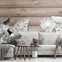 Флизелиновые 3д фотообои под дерево листья 368x254 см Алебастровые цветы на досках (10136V8) +клей