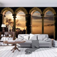 Флизелиновые 3д фотообои арка 368x280 см Вид из окна на заход солнца (10138V10) +клей