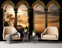 Флизелиновые 3д фотообои с перспективой для кухни арка 368x254 см Вид из окна на заход солнца (10138V8) +клей