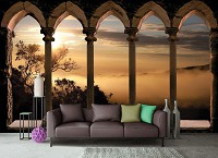 Флизелиновые фотообои на кухню с перспективой 3D колонны и пять арок Восход солнца над туманным лесом (10139V)+клей