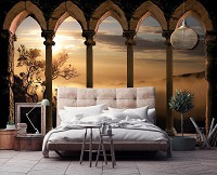 3D колонны и пять арок флизелиновые фотообои 254x184 см Восход солнца над туманным лесом (10139V4)+клей