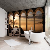 Флизелиновые фотообои в спальню над кроватью 3д арка 368x254 см Пейзаж из окна на заход солнца (10139V8) +клей