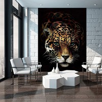 Флизелиновые фотообои Животные Кошки Леопард Дикая Природа 184x254 см 3Д Ягуар на черном фоне (10148V4A)+клей
