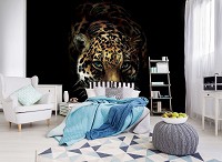 Фотообои флизелиновые 3D Животные Кошки Леопард Дикая Природа 368 x 280 см Ягуар на черном фоне (10148V10)+клей